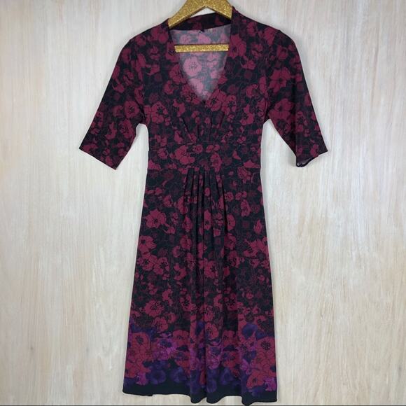 T Tahari Maroon Black Floral Print Stretch V-Neck A-Line Knee Length Dress XS - Picture 1 of 10